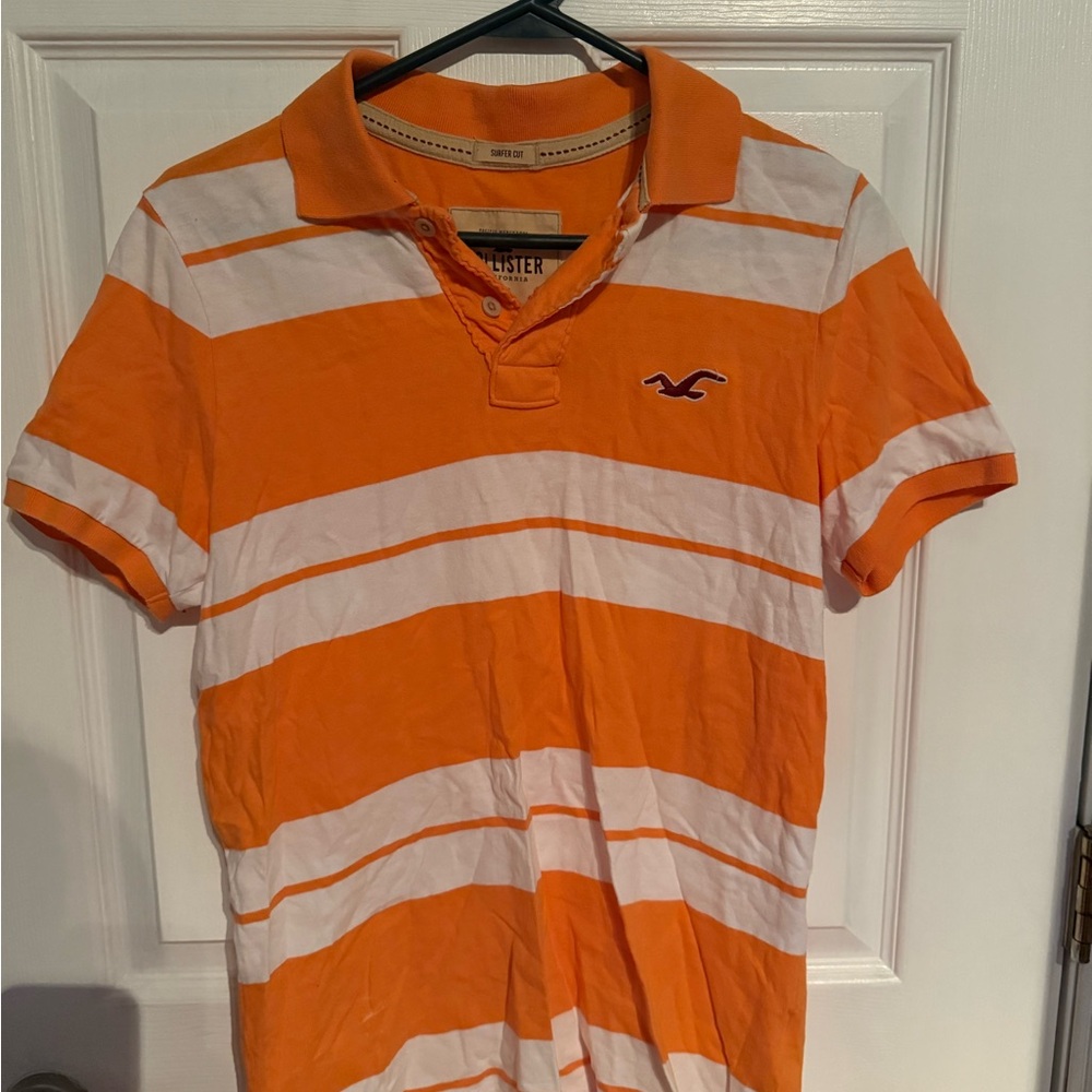 Hollister Men's Polo Shirt in Orange and White Stripes
